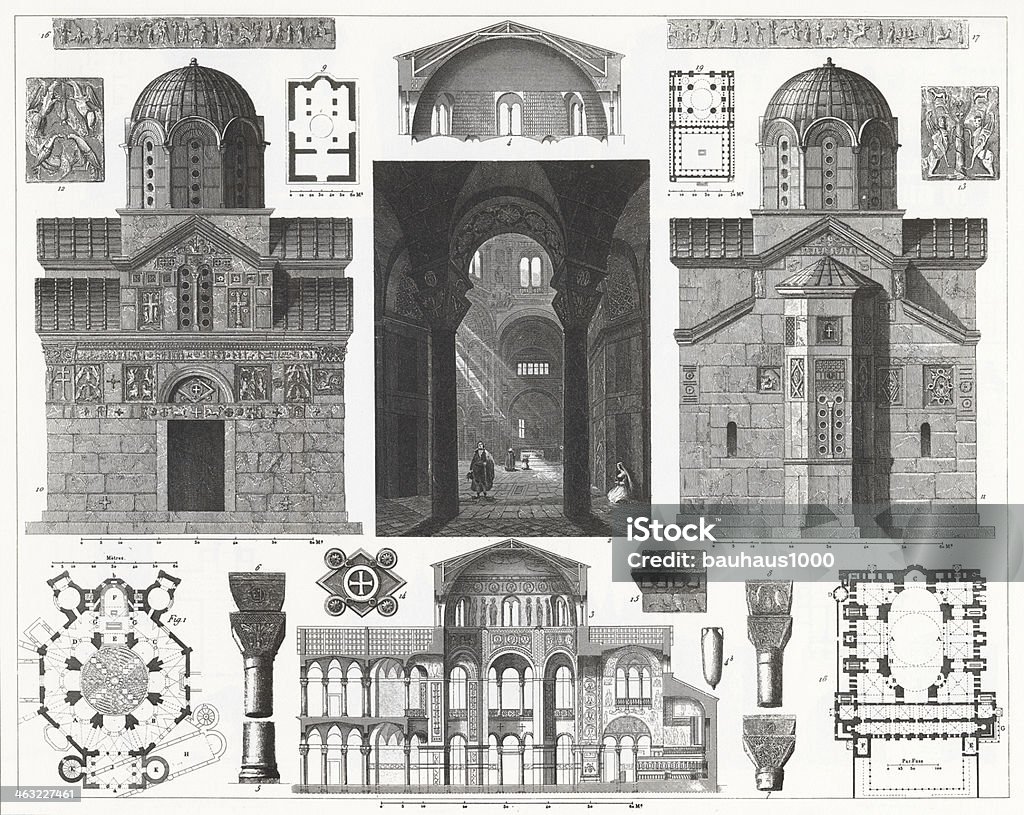 Engraving: Byzantine Architecture Engraved illustrations of Byzantine Architecture from Iconographic Encyclopedia of Science, Literature and Art, Published in 1851. Copyright has expired on this artwork. Digitally restored. 19th Century stock illustration