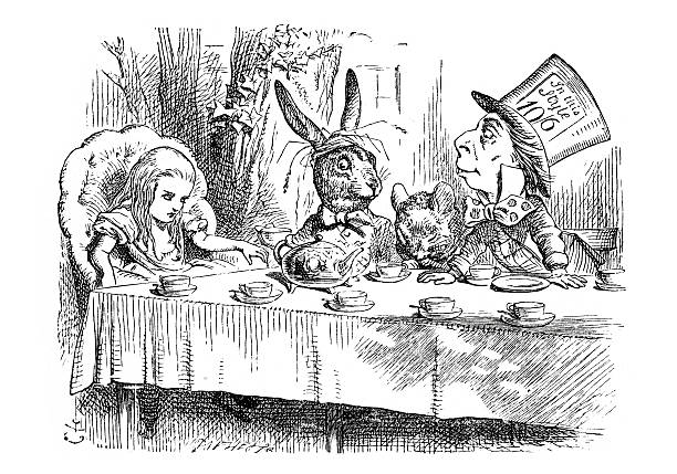 mad hatters чайная партия - bizarre hatter alice in wonderland tea party stock illustrations