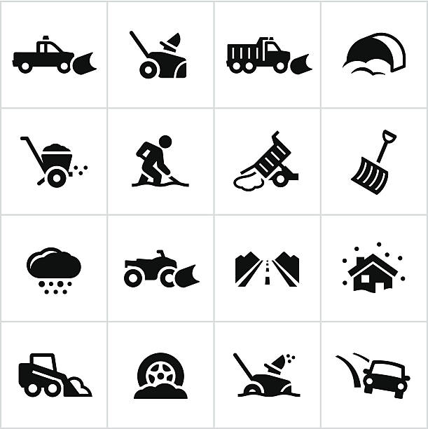 schwarze schneeräumarbeiten symbole - winterdienst stock-grafiken, -clipart, -cartoons und -symbole