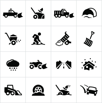 Snow removal icons. All white strokes/shapes are cut from the icons and merged allowing the background to show through. File type - EPS 10.