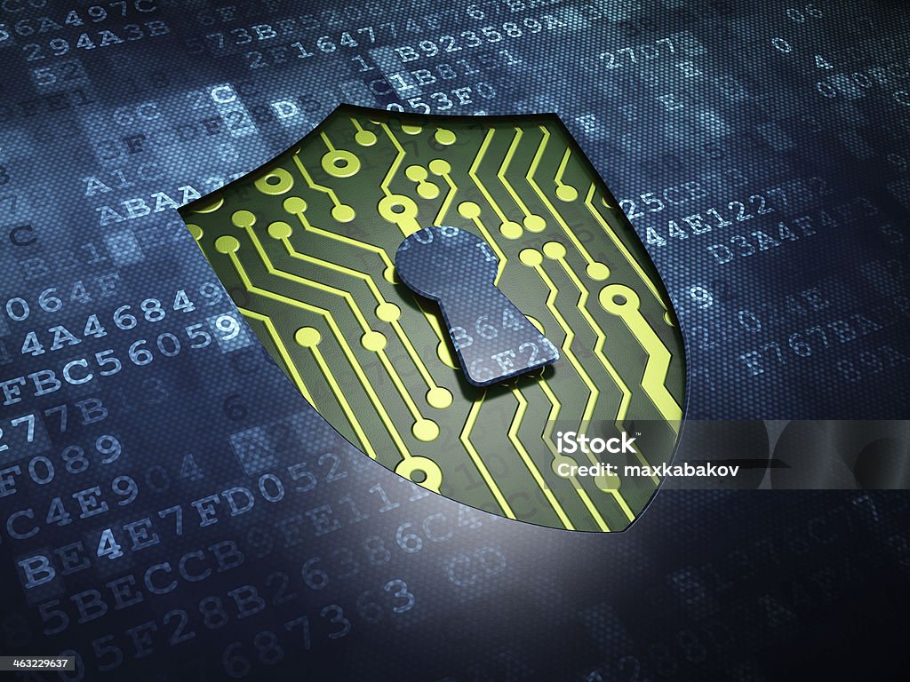 Security concept: Shield With Keyhole on digital background Security concept: digital screen with icon Shield With Keyhole, 3d render Backgrounds Stock Photo