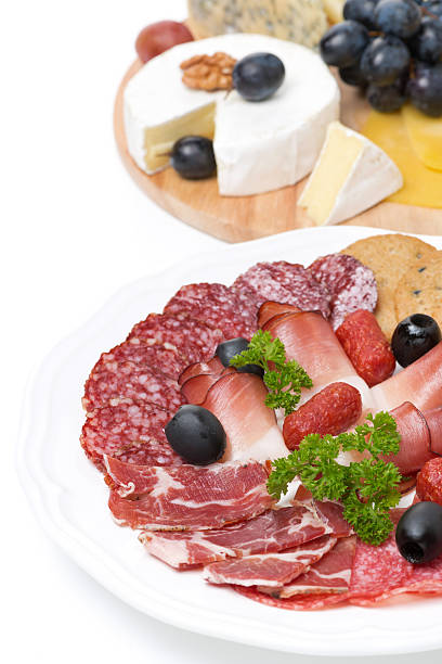 istock assorted deli meats and plate of cheese, grapes, isolated 463229767