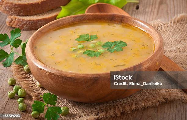 Traditional Fresh Pea Soup In The Bowl Stock Photo - Download Image Now - Appetizer, Bacon, Bowl