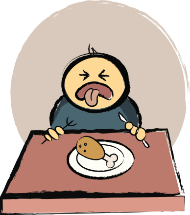 A cartoon of a boy who wouldn't eat the chicken he has on his plate.