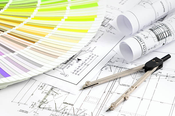 istock Color Swatch for home improvement with blueprints and drawing compass 463258843