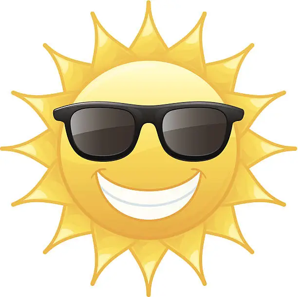 Vector illustration of Smiling Radiant Yellow Summer Sun Wearing Black Sunglasses Vector Illustration