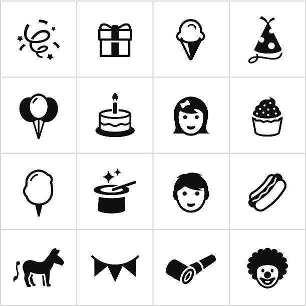 stockillustraties, clipart, cartoons en iconen met black birthday party icons - party hat icon