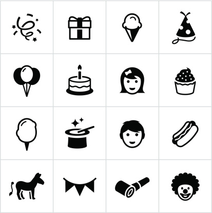 Childhood birthday icons. All white strokes/shapes are cut from the icons and merged allowing the background the show through.