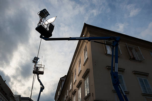 Lights set up for a film production in Ljubljana, Slovenia