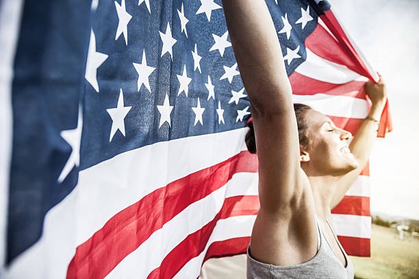 istock Beautiful US athlete with national flag 463267953