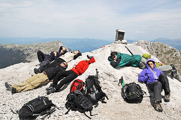 istock Group of hikers resting on the top 463269271