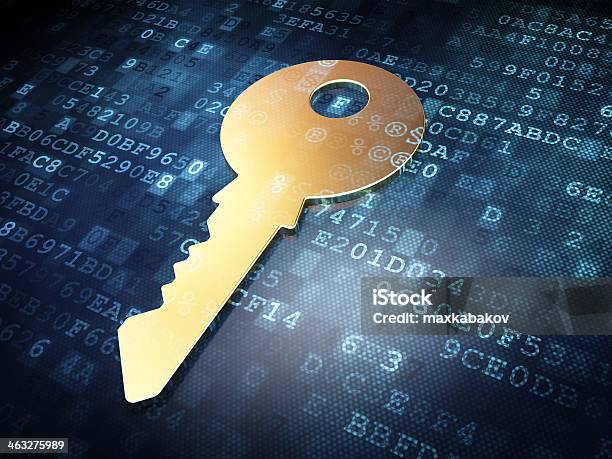 Safety Concept Golden Key On Digital Background Stock Photo - Download Image Now - Accessibility, Alarm, Backgrounds