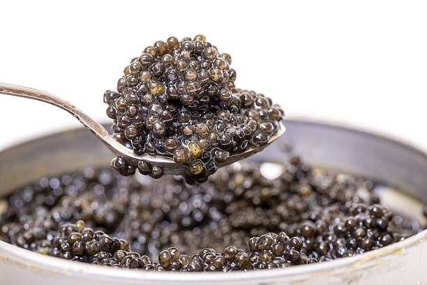 istock Black caviar in spoon from metal can, high angle 463286041