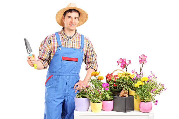 istock Male gardener holding spade and posing next to a table 463301915