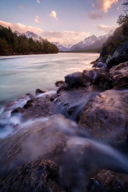 Sunset light at Lech River in Tyrol