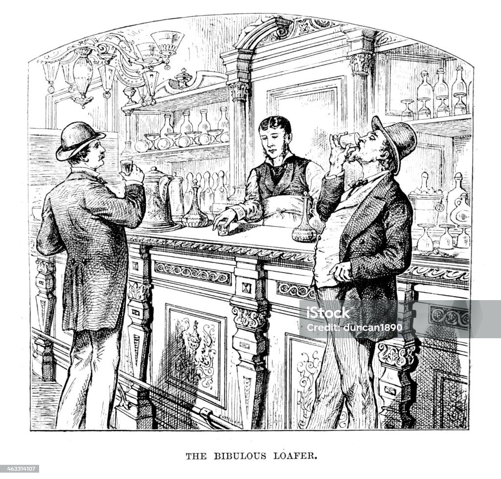 Thr Bibulous Loafer Vintage engraving of men drinking in a bar in Baltimore, USA. 1882 Whiskey stock illustration