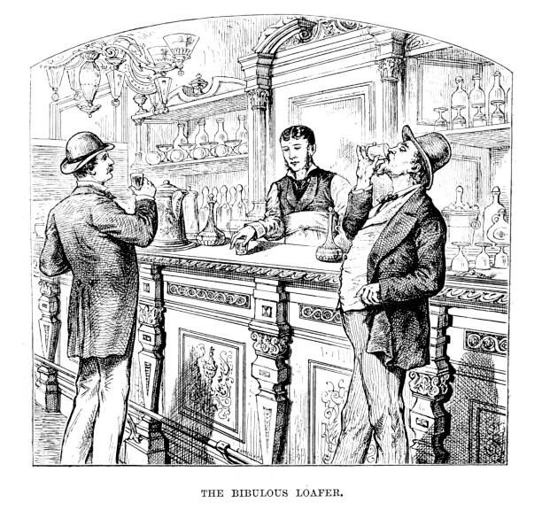 Thr Bibulous Loafer Vintage engraving of men drinking in a bar in Baltimore, USA. 1882 bartender photos stock illustrations