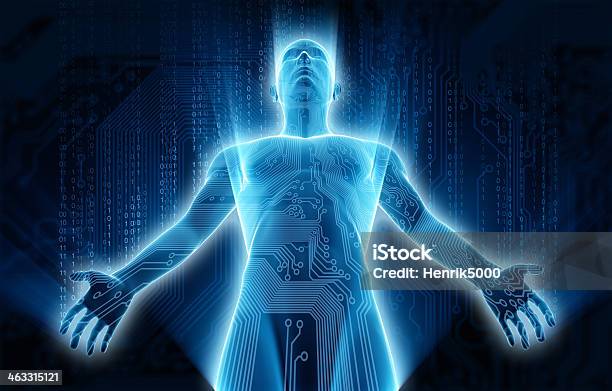 Cyber Concept Man Covered In Electronic Circuits And Binary Data Stock Photo - Download Image Now