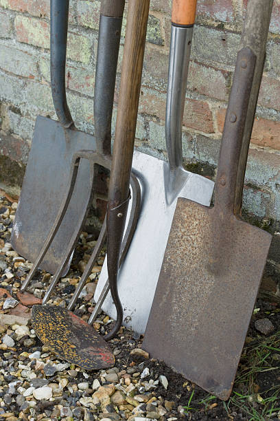 istock Garden Shovels And Tools Leaning On Brick Wall 463315335