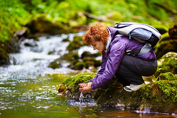 istock Tourist washing hands in a river 463320537