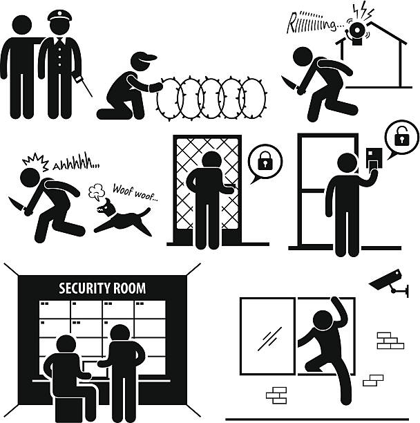 ilustraciones, imágenes clip art, dibujos animados e iconos de stock de sistema de seguridad - silhouette security staff spy security