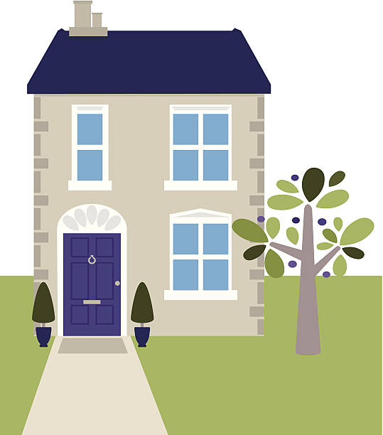 Small cottage house A small house with a purple front door and a garden with a path, potted plants and a tree. path to front door stock illustrations