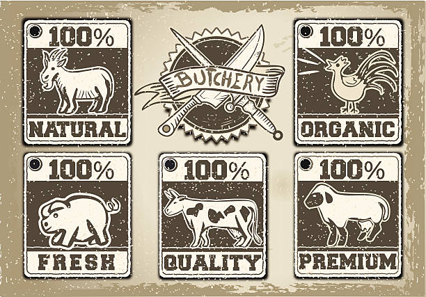 vintage labels seite für butcher shop - badge seal stamper label retro revival stock-grafiken, -clipart, -cartoons und -symbole