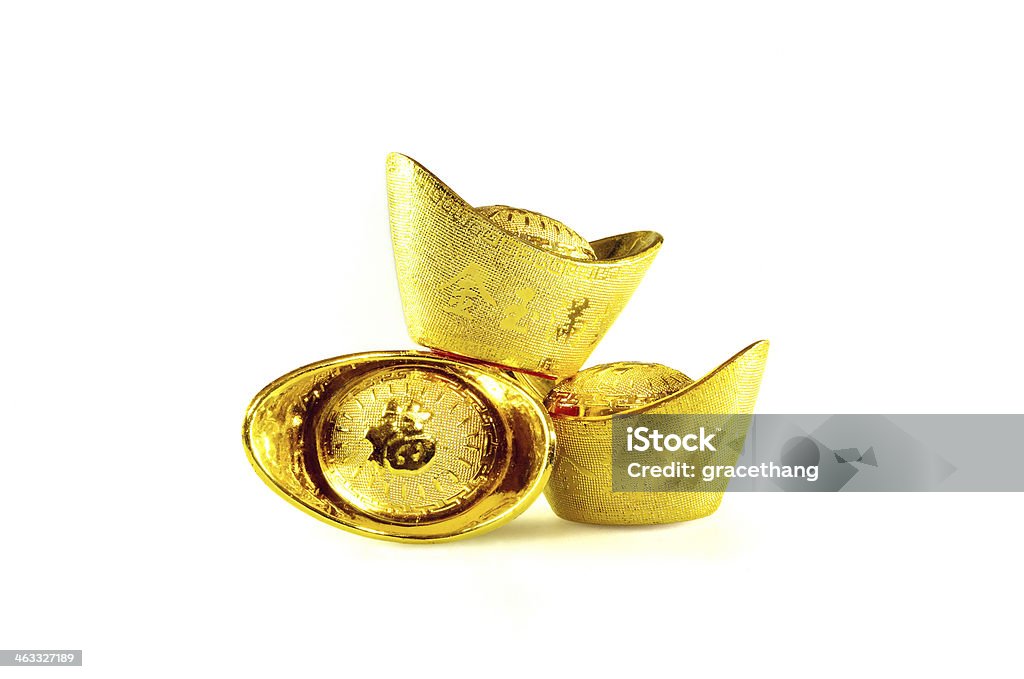 Chinese gold ingots Decoration of chinese gold ingots isolated on white background Celebration Stock Photo