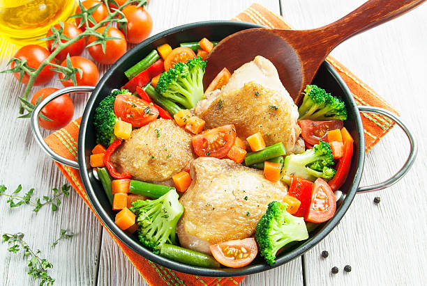 istock Roasted chicken thighs and vegetables being stirred in a pan 463329177