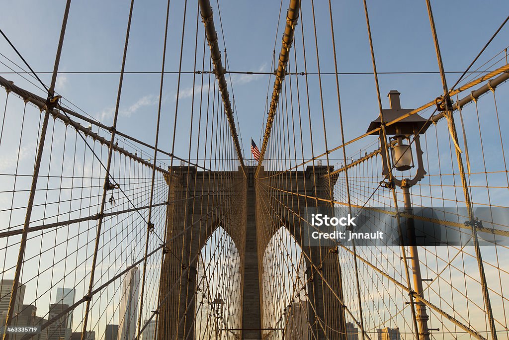 Brooklyn Bridge, New York, USA The Brooklyn Bridge connects Manhattan to Brooklyn across the East River and was opened in 1883.  Angle Stock Photo