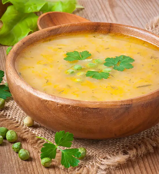 Traditional fresh pea soup in the bowl