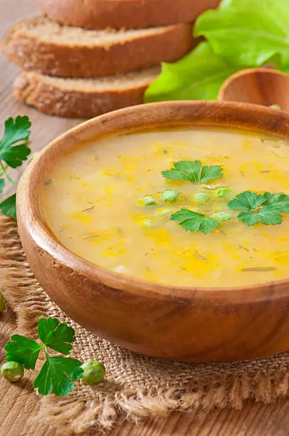 Traditional fresh pea soup in the bowl