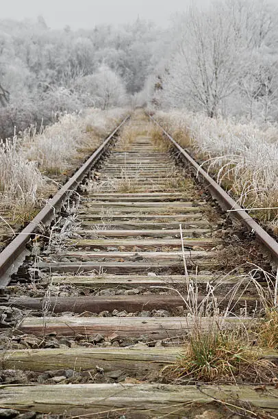 Waldviertel, AUSTRIA - December 20, 2014: Abandoned and overgrown straight railway track in winter