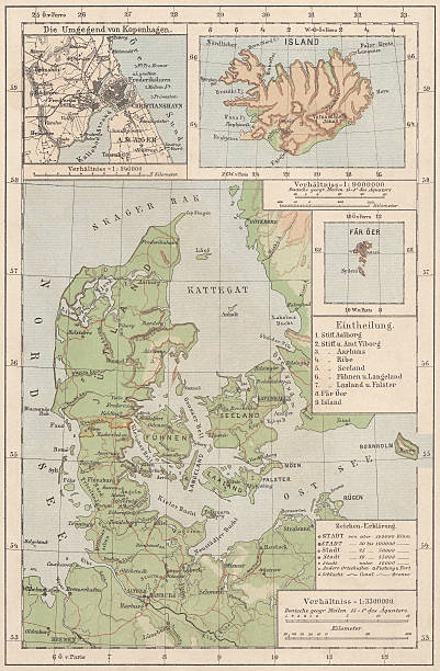 맵 of denmark, 아이슬란드, 발표된 1881 - denmark map copenhagen cartography stock illustrations