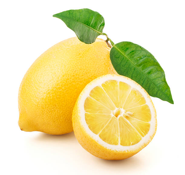 istock Lemon with green leaves isolated on white background 463357657