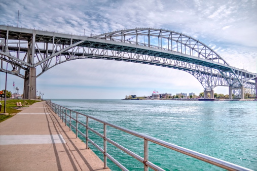 The twin spans of the Blue Water Bridges connect the cities of Port Huron, Michigan and Sarnia, Ontario.  They are the second busiest crossing between the US and Canada.