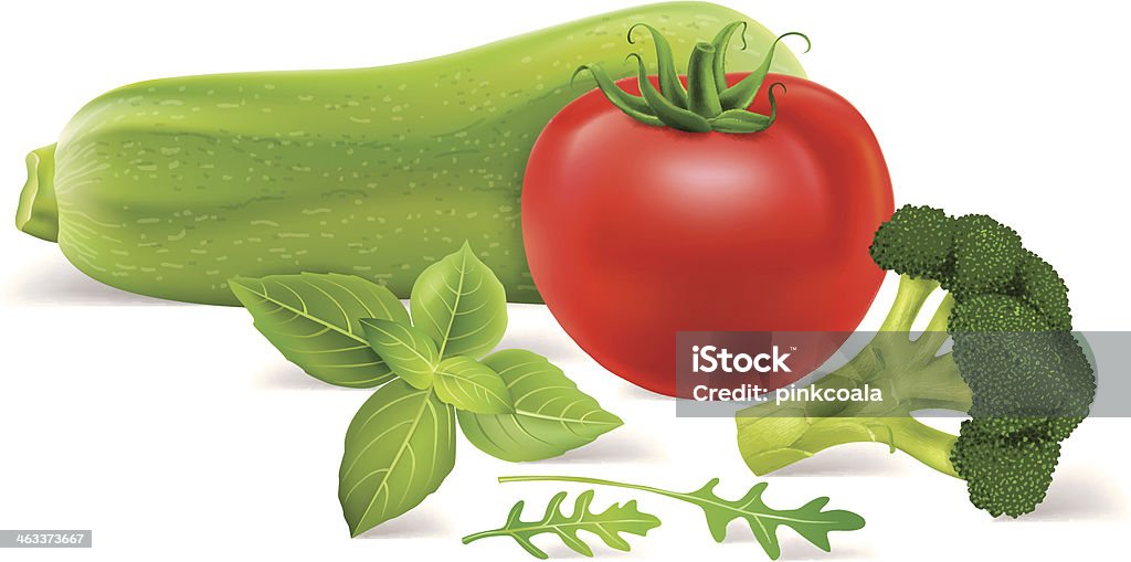 Zucchini, tomato, broccoli, arugula, basil Zucchini, tomato, broccoli, arugula, basil. Contains transparent objects. EPS10 Arugula stock vector