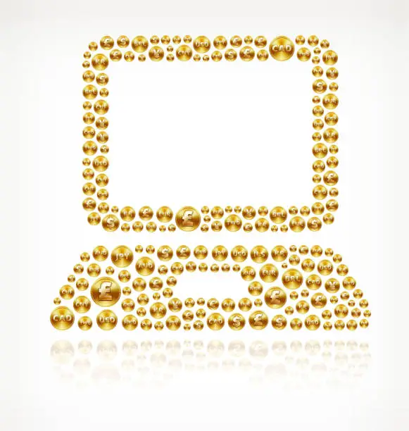 Vector illustration of Computer Laptop on Gold Coin Buttons