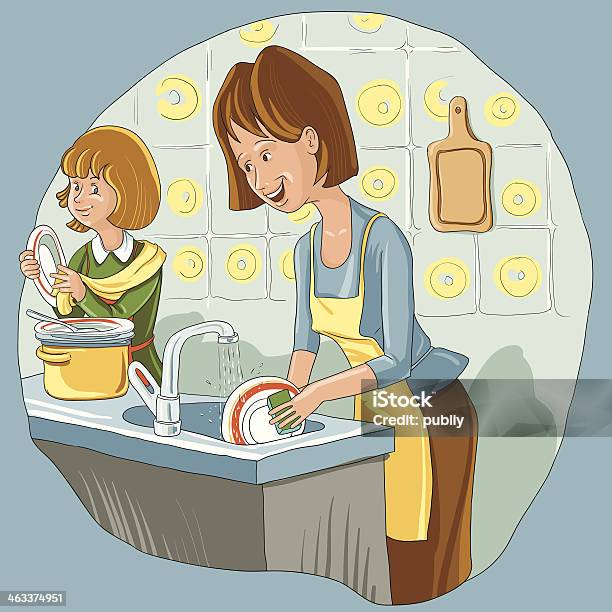 Mother And Daughter Washing The Dish Stock Illustration - Download Image Now - Cleaning, Adult, Apron