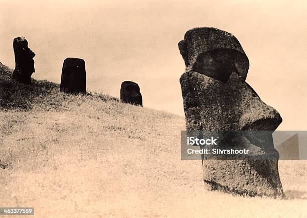 Easter Island Heads Buried On A Hillside Stock Photo - Download Image Now - Art, Chile, Abandoned