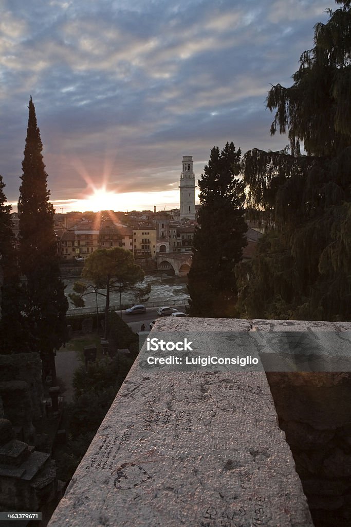 Verona Cityscape at Dusk, Italy Roman theater at sunset Adige River Stock Photo