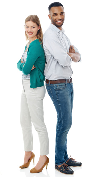 Portrait of a caucasian woman and ethnic male standing back to back against a white background