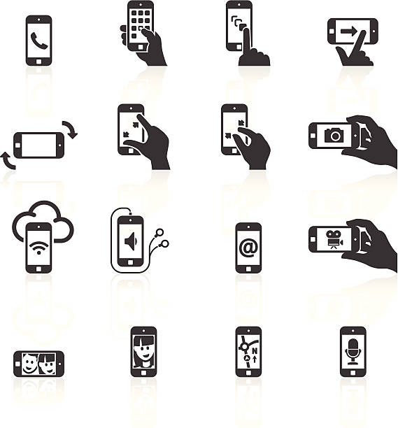 ilustraciones, imágenes clip art, dibujos animados e iconos de stock de teléfono inteligente funciones & iconos de gestos - mensaje de móvil ilustraciones