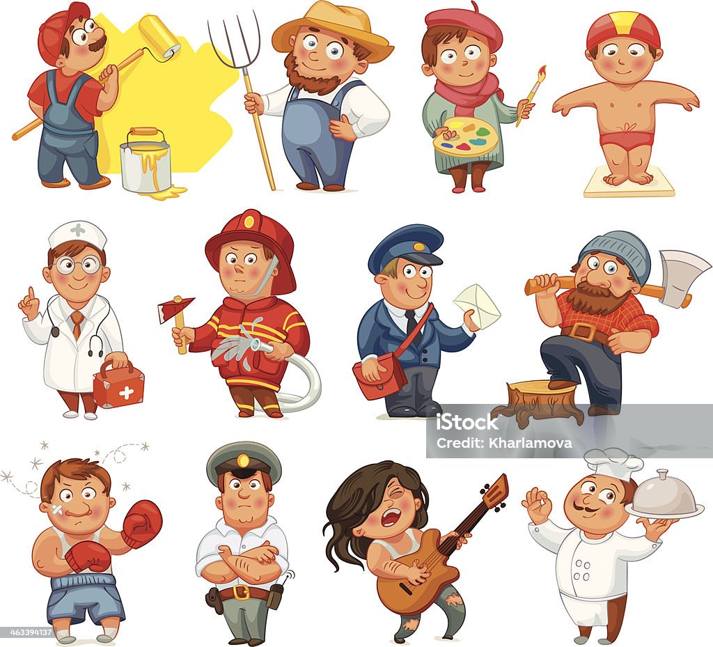 Icon set of a wide variety of professions Professions. Builder, painter, rocker, woodcutter, swimmer, cook, farmer, postman, policeman, boxer, doctor, fireman. Vector illustration. Isolated on white background. Set Swimming stock vector