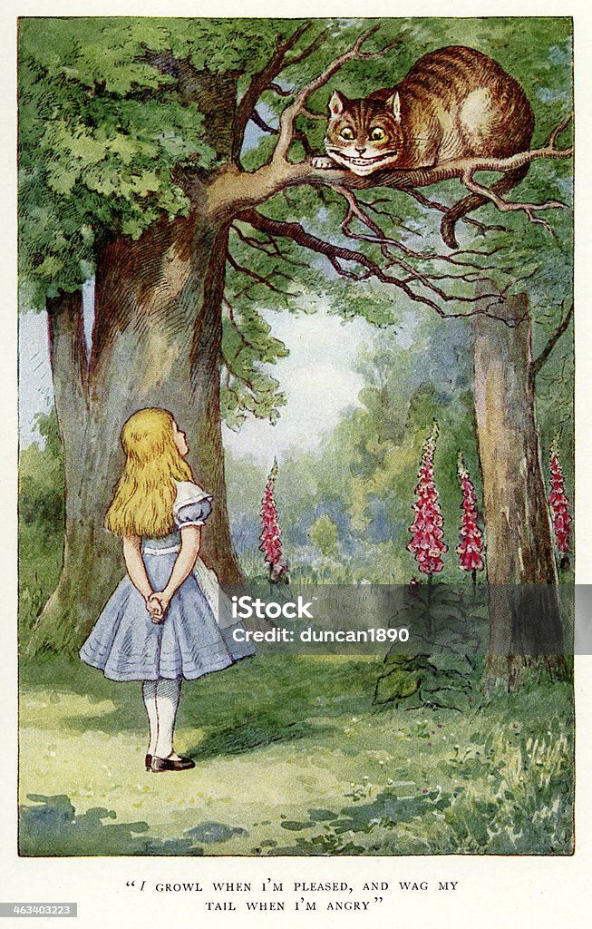 Alice and the Cheshire Cat Vintage colour lithograph of Alice and the Cheshire Cat, from Alice's Adventures in Wonderland by Lewis Carroll, John Tenniel. Alice in Wonderland - Fictional Character stock illustration