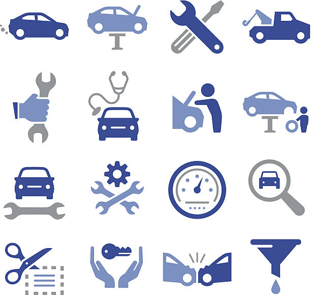 ilustraciones, imágenes clip art, dibujos animados e iconos de stock de car repair icons-pro series - car auto repair shop repairing accident