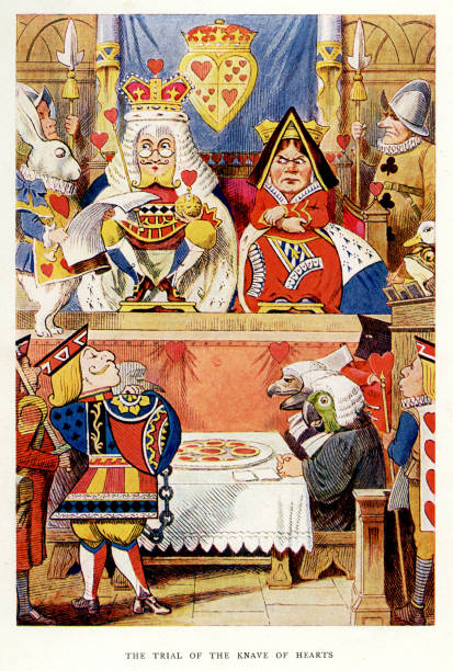 Alice's Adventures in Wonderland Vintage colour lithograph of The Trial of the Knave of Hearts, from Alice's Adventures in Wonderland by Lewis Carroll, John Tenniel. john tenniel stock illustrations
