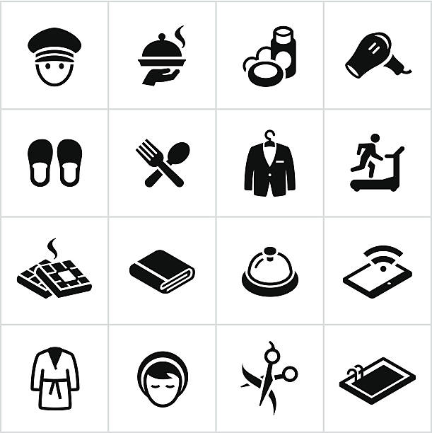Black Hotel Amenities Icons Hotel/motel amenties. All white strokes/shapes are cut from the icons and merged allowing the background to show through. File type - EPS 10. continental breakfast stock illustrations
