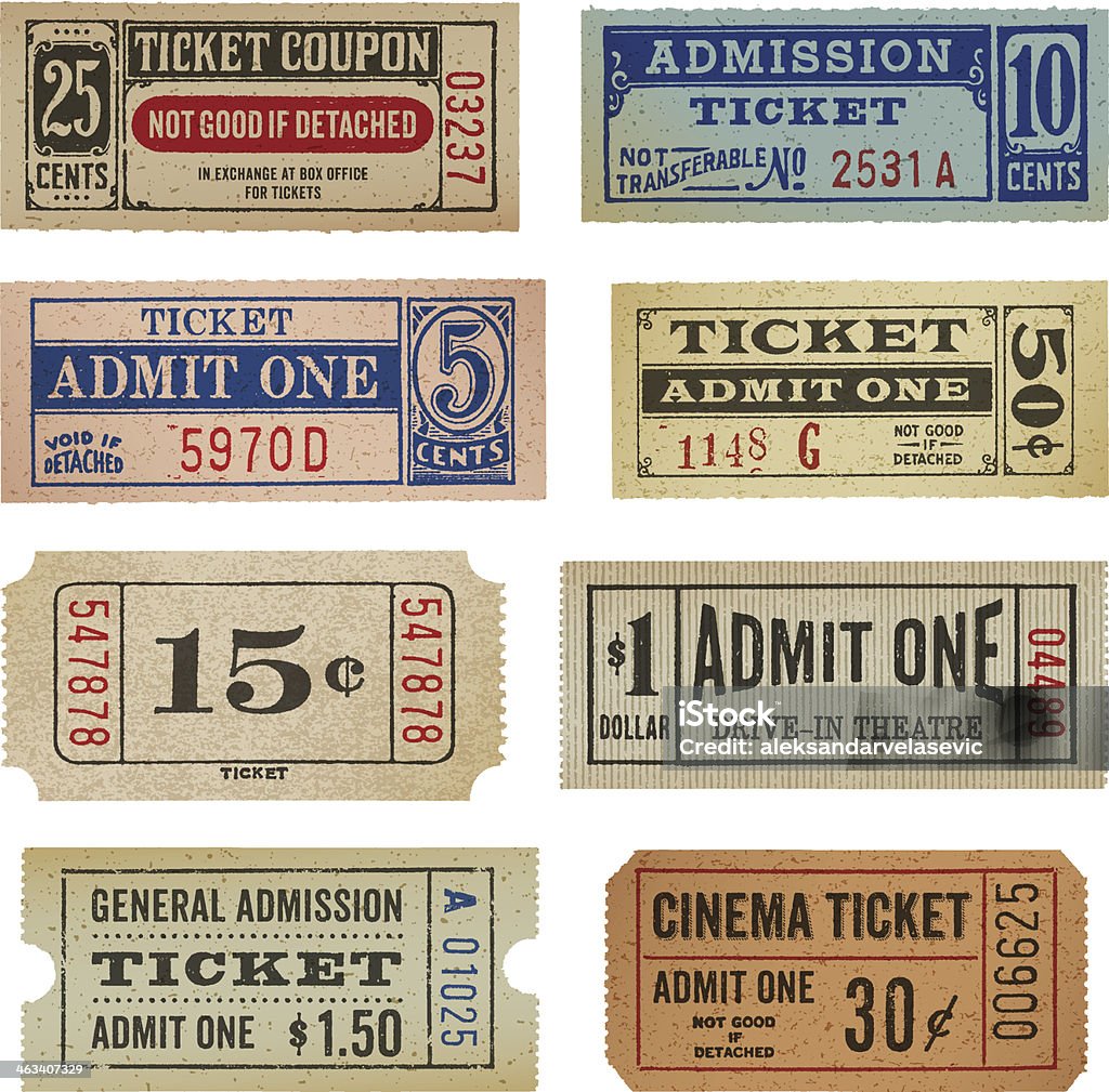 Vintage Tickets and Coupons Weathered old fashioned tickets. EPS 10 file with transparencies. Retro Style stock vector