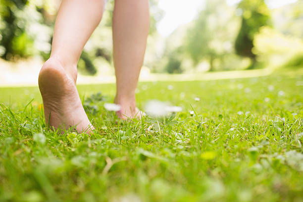 istock Womans feet walking on the grass 463410979